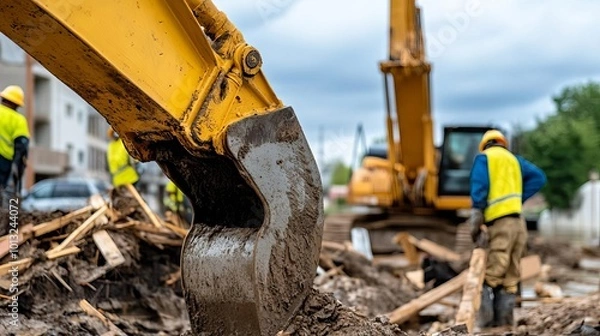 Fototapeta Construction crews rebuilding damaged infrastructure post-flood, Flood Reconstruction, Urban recovery