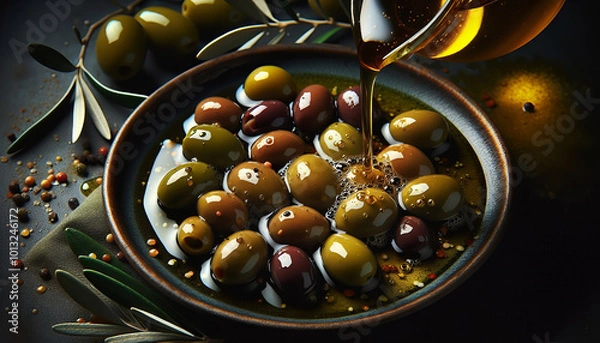 Fototapeta A bowl of mixed olives with olive oil being poured, surrounded by olive branches and spices, creating a rich, appetizing scene.