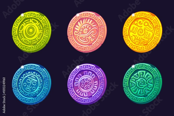 Fototapeta Set of colored coins with ornament and symbols of ancient Aztec Civilization, colored hieroglyphs of the Maya calendar for the development 2D Games and Casino or Slots.