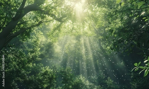 Obraz Verdant forest canopy illuminated by morning sunlight, 4K hyperrealistic photo