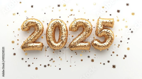 Fototapeta Celebrate arrival of new year with sparkling golden balloons that read 2025, surrounded by festive confetti and decorations, creating joyful atmosphere