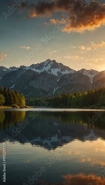 Fototapeta Sunset over a serene mountain landscape with a lake.