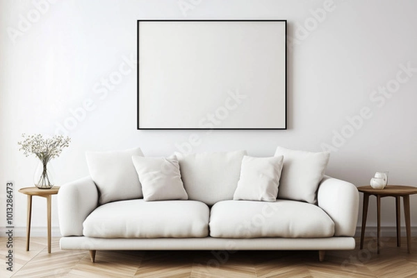 Fototapeta Minimalist living room with a white sofa, neutral decor, and an empty frame above. This space showcases simplicity and elegance, perfect for modern interior design inspiration and mockup design
