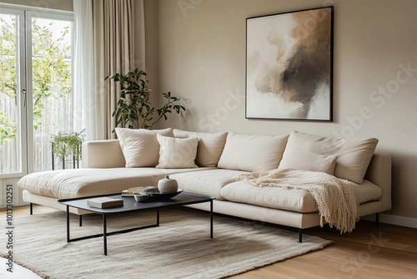 Fototapeta Minimalist living room featuring a light beige sectional sofa, abstract wall art, and a sleek black coffee table, ideal for modern interior design concepts.