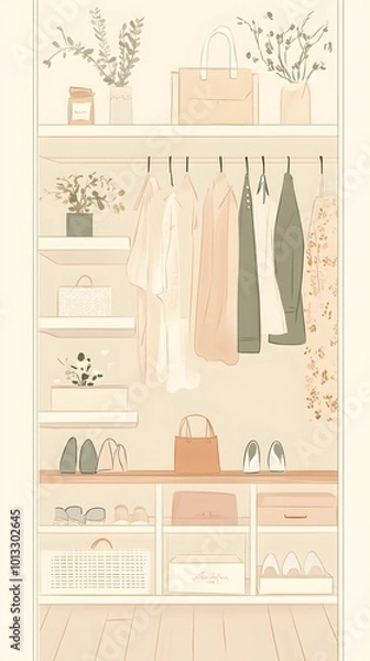 Fototapeta A pastel-colored illustration of an open wardrobe with , shoes, and accessories on shelves.