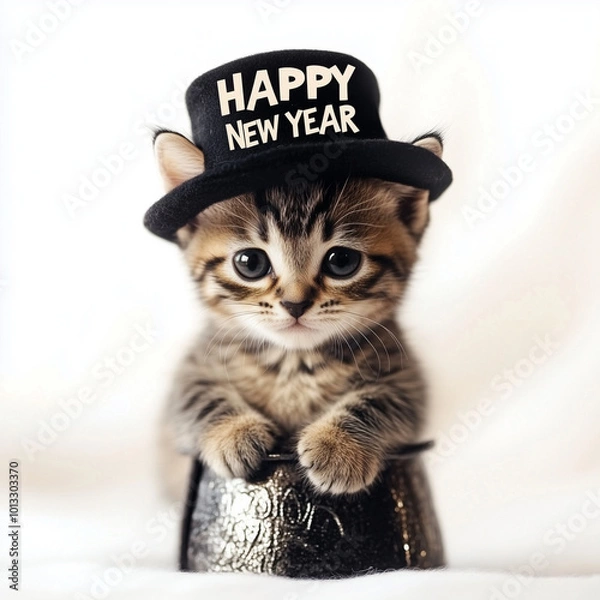 Obraz Cute little cat wearing a black hat with the inscription "HAPPY NEW YEAR", isolated on a white background
