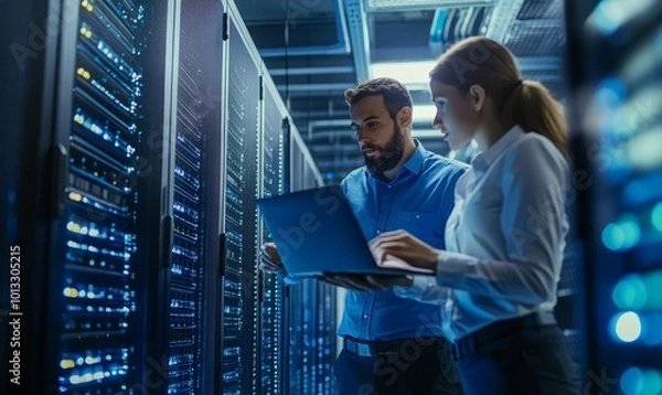 Fototapeta Data Center Female System Administrator and Male IT Specialist talk, Use Laptop. Information Technology Engineers work on Cyber Security Network Protection in Cloud Computing Server
