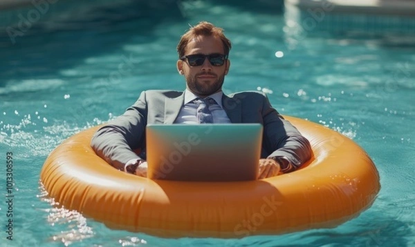 Fototapeta Man in a Business Suit Working on a Laptop in a Pool on an Orange Float, Generative AI