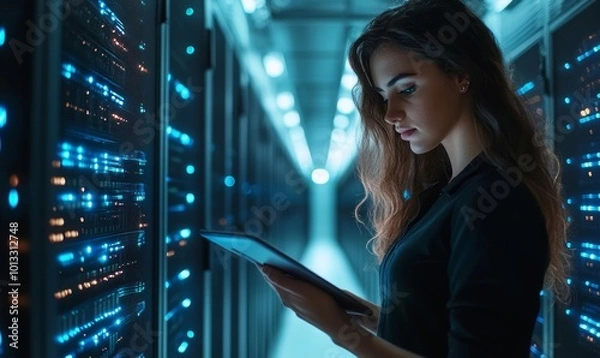 Fototapeta Female IT Specialist Uses Tablet in Data Center. Server Farm Cloud Computing Facility with Maintenance Administrator Working. Cyber Security Engineer Working in Personal Network