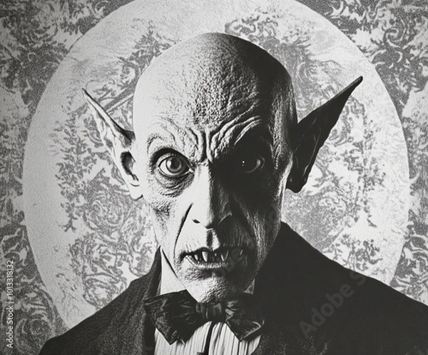 Fototapeta A chilling, monochromatic portrait of a vampire-inspired character with elongated ears, sunken eyes, and a sinister expression. This gothic figure exudes an eerie, timeless horror aesthetic.