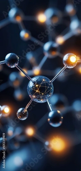 Fototapeta Close-up view of molecular structure with glowing particles on a dark background.