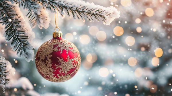 Obraz 雪景色に輝くクリスマスボールオーナメント