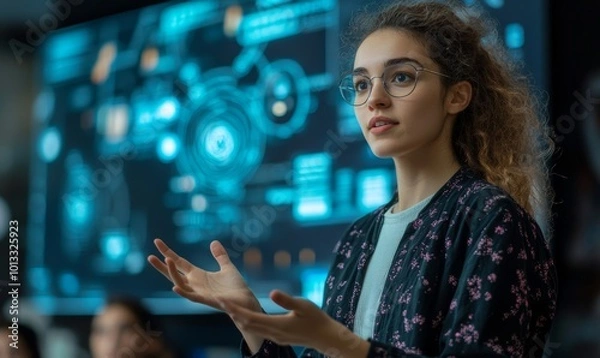 Fototapeta Portrait of a Young Male Teacher Giving a Data Science Lecture to Diverse Multiethnic Group of Female and Male Students in Dark College Room. Projecting Slideshow with a Neural Network