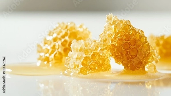 Fototapeta Editing is made simple with the display of golden honeycombs on a white background.