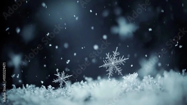 Fototapeta A serene winter scene featuring delicate snowflakes gently falling on a soft blanket of snow, creating a peaceful and magical atmosphere.