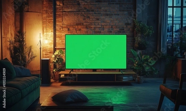 Fototapeta Stylish Loft Apartment Interior with TV Set with Green Screen Mock Up Display Standing on Television Stand. Empty Living Room at Home with Chroma Key Placeholder on Monitor. Night