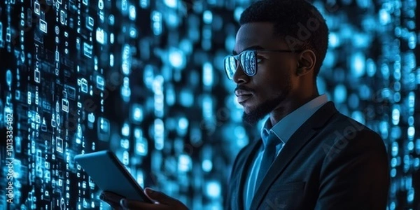 Obraz African businessman with tablet, cybersecurity hologram and data protection, Generative AI