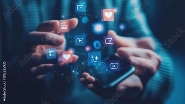 Fototapeta A person touches a social media icon on his cell phone, symbolizing the use of digital marketing for engagement and advertising through platforms such as Instagram or YouTube.
