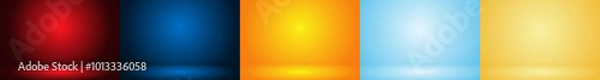 Obraz Set of 3d studio room gradient background. Red, blue, orange, yellow abstract product display backdrop, light shining on the floor, glow shadow, vector illustration 
