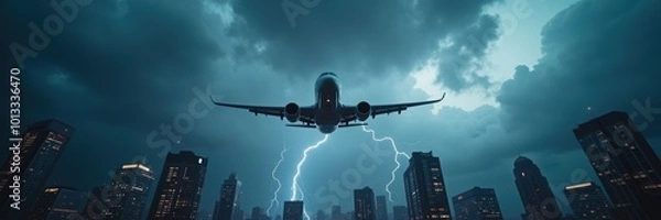 Fototapeta A dramatic scene of an airplane flying through a stormy sky, illuminated by lightning, showcasing the power of nature juxtaposed with modern aviation.