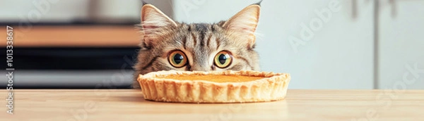 Obraz Cat staring curiously at a pumpkin pie on a kitchen counter, mischievous expression, detailed textures, warm lighting, Thanksgiving, Pets, Curious Cat