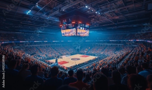 Fototapeta Sold Out Arena with Spectators Watching National Basketball Tournament Match. Teams Play, Diverse Crowds of Fans Cheer. Sports Channel Live Television