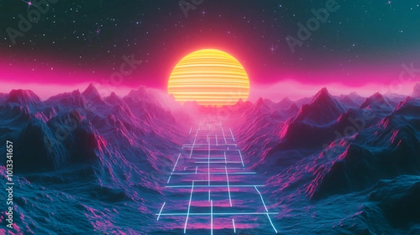 Fototapeta Retro Futuristic Sunset with Neon Grid and Mountain Silhouettes