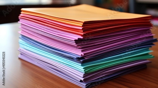 Fototapeta A neat stack of colorful papers organized in a vibrant spectrum, showcasing a spectrum of colors from warm orange to cool purple hues.