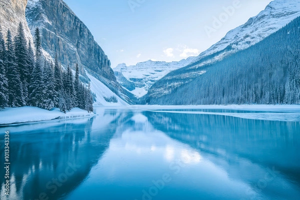 Fototapeta A serene, frozen lake surrounded by towering snow-capped mountains. The ice on the lake is smooth, reflecting the cold blue sky, while evergreen trees stand along the shore