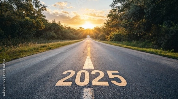 Fototapeta Open road with "2025" marked on the pavement and an arrow pointing towards the horizon, symbolizing future goals and hope for the new year