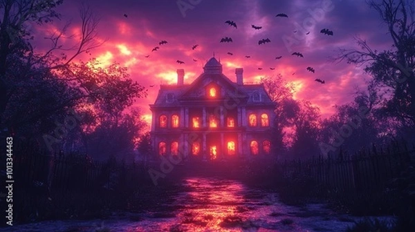 Fototapeta Spooky Haunted Mansion with Flying Bats at Dusk
