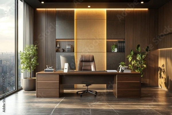 Fototapeta Luxury ceo workplace interior with desk near window, pc desktop and sideboard, Generative AI