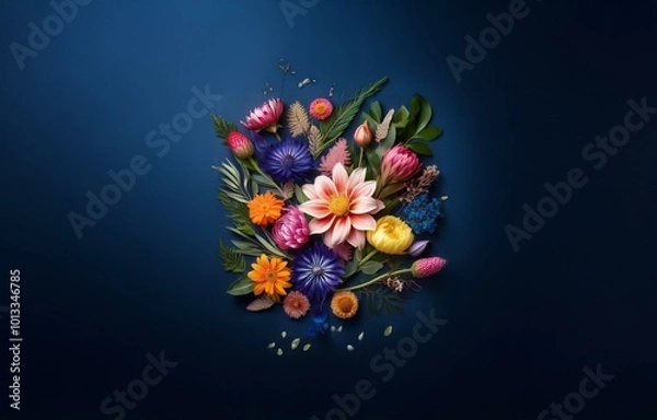 Fototapeta Colorful vintage flowers on a deep blue background.