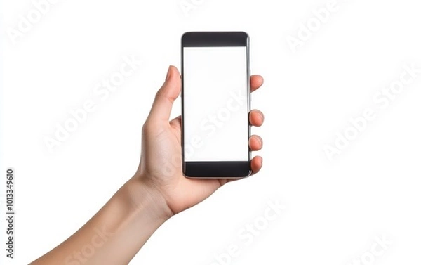 Fototapeta Hand holding smartphone isolated stock photo on white background