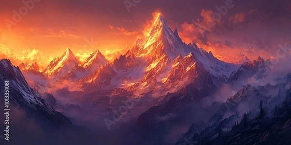 Fototapeta A majestic mountain range at sunset with the highest peak glowing with warm light.