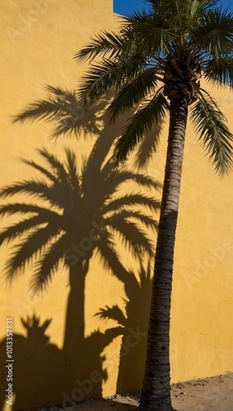 Fototapeta Palm tree shadow on a yellow wall.