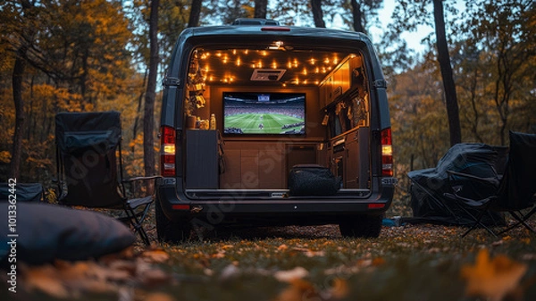 Fototapeta Friends are watching a live game on a smart TV in the back of a camping SUV.