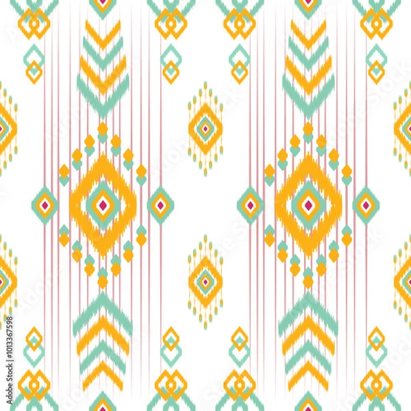 Fototapeta Bright and colorful Ikat pattern featuring teal, yellow, and pink geometric diamonds and tribal motifs on a white background. Ideal for fabric, home decor, and fashion with a modern tribal-inspired