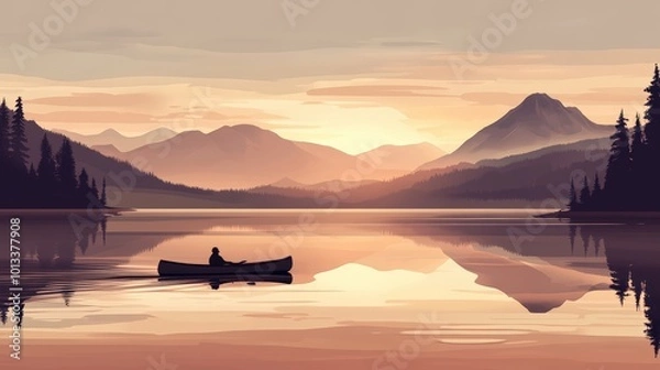 Fototapeta Canoe on calm lake with mountain backdrop.
