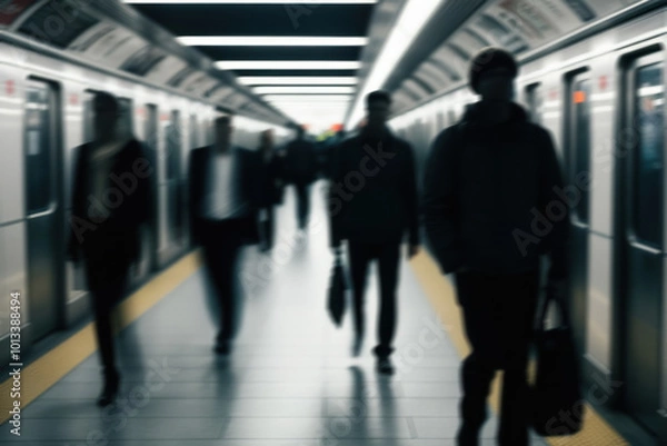 Fototapeta fast movement on the subway, blurry figures of passengers and bright lights of the station, creating a dynamic atmosphere of city life