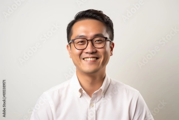 Obraz Portrait of a happy young asian man in eyeglasses on grey background