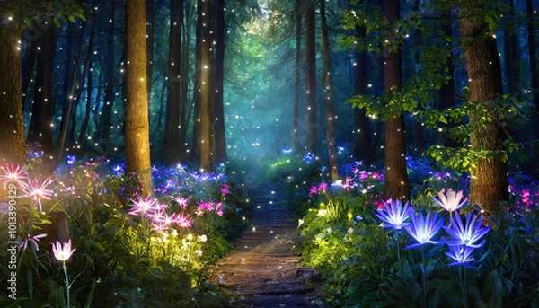 Obraz Enchanted forest path with glowing flowers
