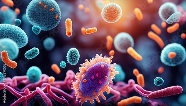 Obraz Vibrant illustration of microbiota including bacteria, fungi, protozoa, and viruses coexisting