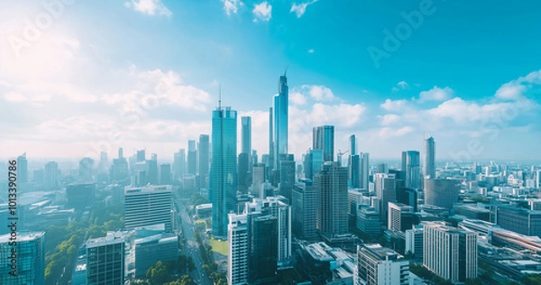 Obraz Aerial View of City Skyline and Skyscrapers Under Blue Sky and White Clouds