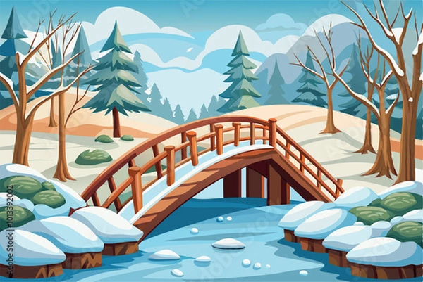 Fototapeta wooden bridge over the river in snow enviroment