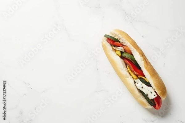 Fototapeta Sandwich with vegetables on it. sandwich is on a white table. The sandwich is cut in half. Tasty sandwich with grilled vegetables, fresh tomato, spices on white marble table, flat lay. Space for text