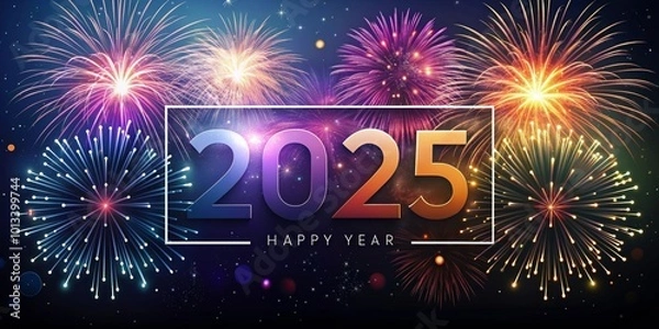 Fototapeta Banner 2025 New Year in a golden thin frame with fireworks on the background