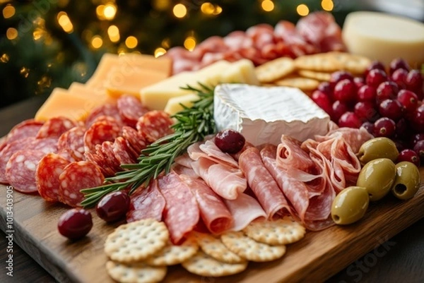Fototapeta rustic wooden board piled high with an array of antipasto delights