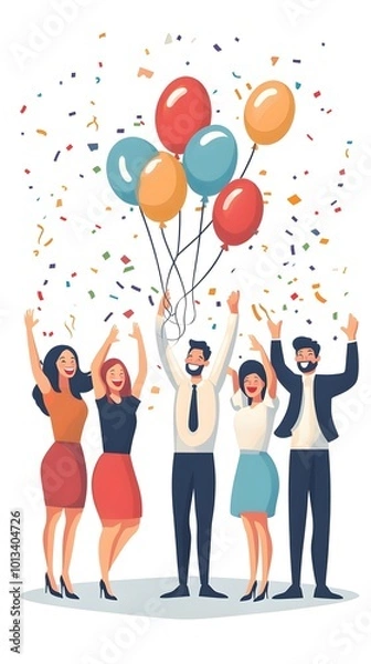 Obraz Happy team celebrating birthday together, vector illustration on a white background, in a minimalist style, with a flat design