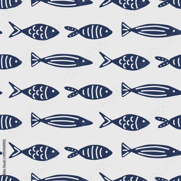 Fototapeta Blue painted fish swimming to the right. Seamless vector background of drawn simple fish.